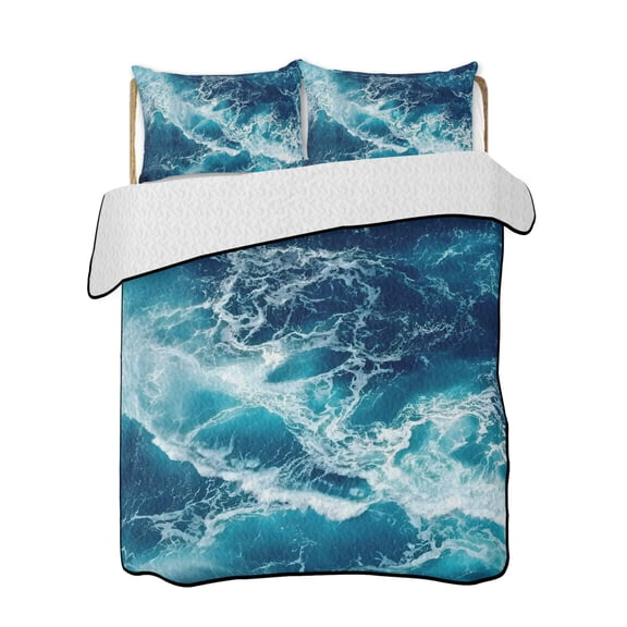Full Size Quilt Bedding Set, Blue Waves Reversible Summer Quilt 3 Pieces, Modern Summer Ocean Coastal Nautical Lightweight Bedspreads Coverlets with 2 Pillow Shams for All Seasons