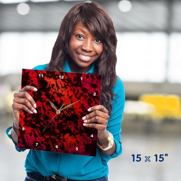 3dRose, Red with Black Ink Splatter, 15x15 Wall Clock