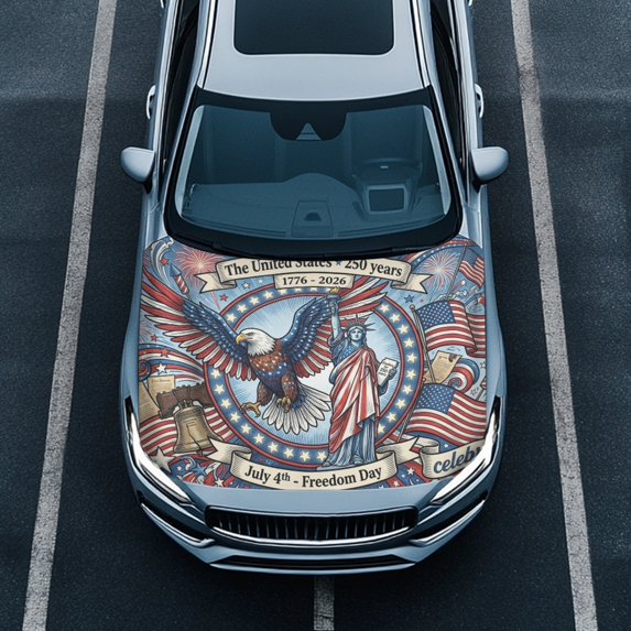 Tutolipy Car Hood Cover for Van Pickup Trucks, All Weather Protection Swimsuit Fabric Eagle Liberty Celebration for 250th Anniversary Car Hood Cover Protector