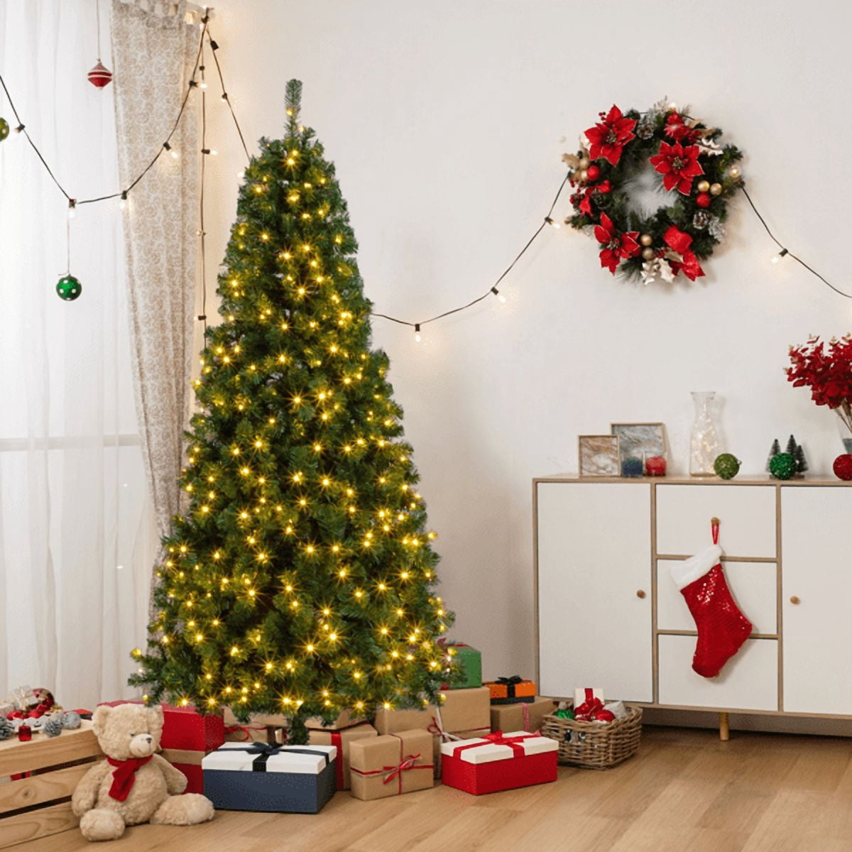 Alvantor 6 ft Artificial Christmas Tree with 1,050 PVC Branch Tips, 150 Warm White LED Lights and Remote, Green
