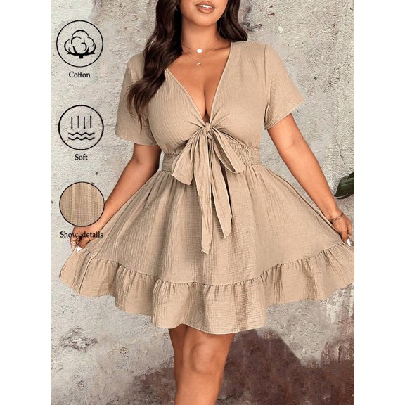 Khaki Plus Size Tie-Front Ruffle Hem Casual Dress With Short Sleeves