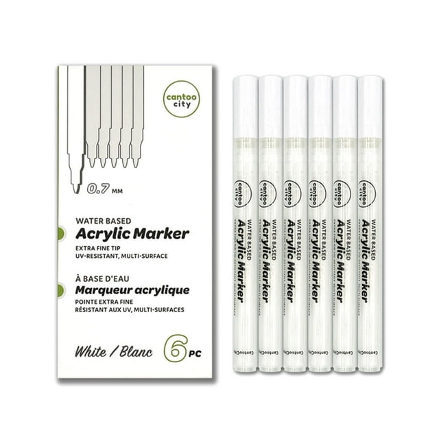 Cantoo City White Acrylic Paint Pen 6-Pack 0.7mm Extra-Fine Tip Acrylic Markers – UV-Resistant, Multi-Surface, Water Based Paint Markers for Rock, Glass, Leather, Fabric, Tire, Crafts and Hard Surface