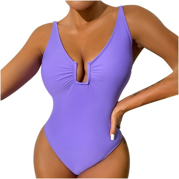 Lilgiuy Women's Solid Set Swimsuit One-Piece Filled Bra Swimwear Beachwear,Purple,8 Winter Clothes for 2022