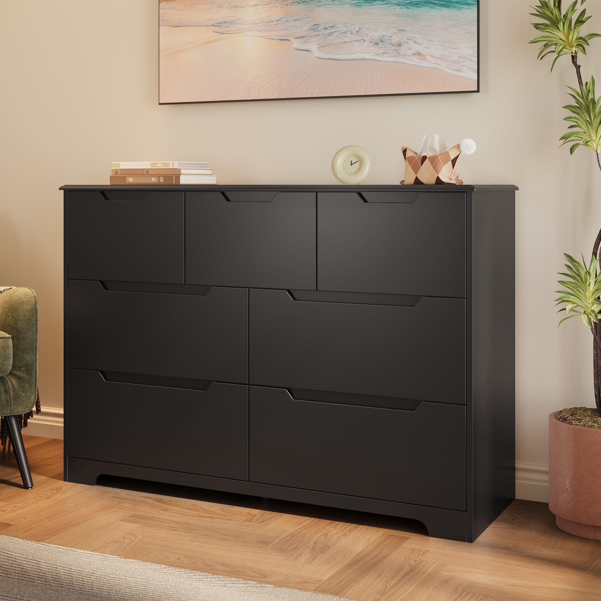 47" Wide Modern Dresser, Lofka 7-Drawer Storage with Thick Top & 14" Deep Drawers (3 Small + 4 Large), Smooth Glide, No-Handle Design, Easy Assembly, Anti-Tip, Black