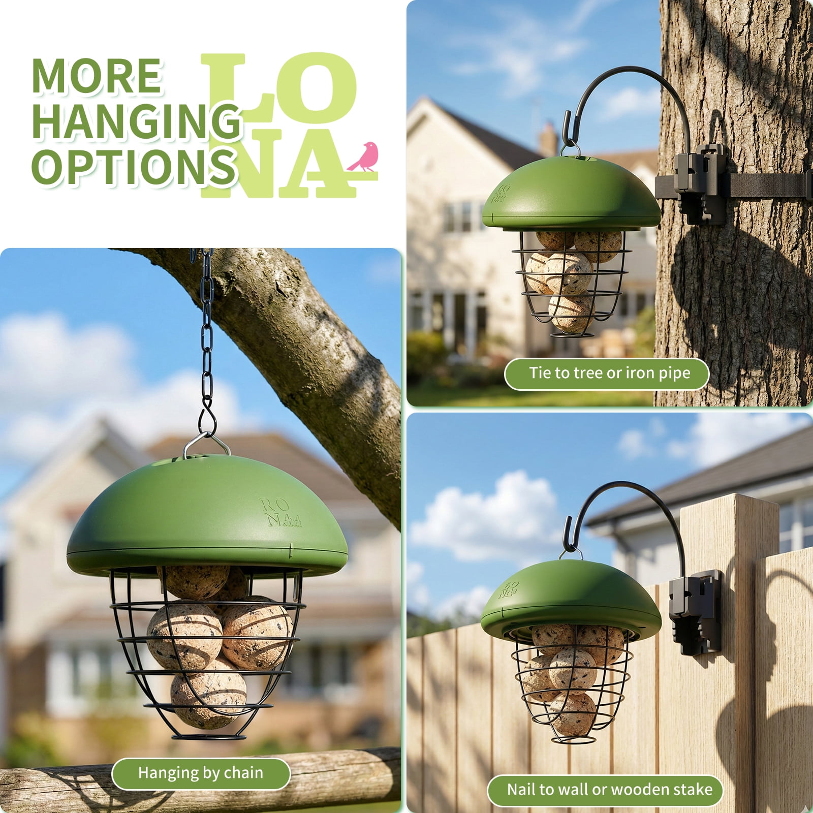LONA Suet Ball Bird Feeder Outdoor Hanging Fat Ball Feeders with Versatile Mount Durable Weatherproof Washable Transparent Tube Wire Steel Metal Feeder for Wild Birds
