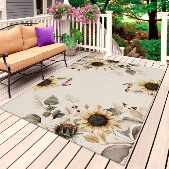 Farmhouse Sunflowers Outdoor Rug for Patio/Deck/Porch, Non-Slip Large Area Rug 3 x 5 Ft, Vintage Watercolor Flowers Floral Indoor Outdoor Rugs Washable Area Rugs, Reversible Camping Rug Carpet Runner