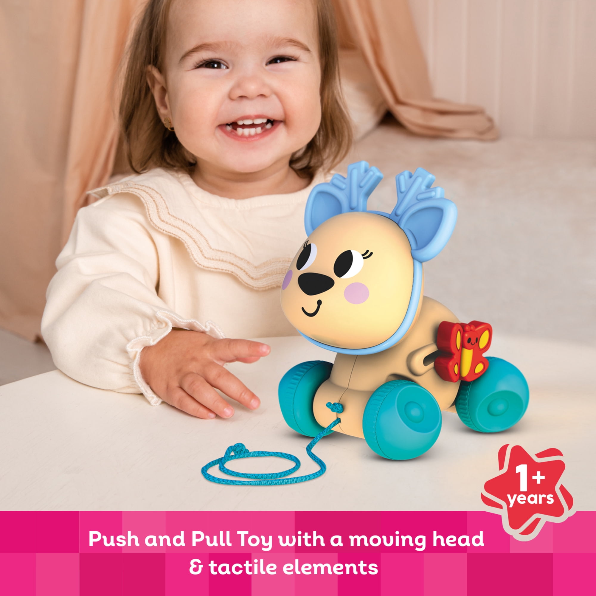 Kids Hits: Push & Pull Deer -Tan - Tactile Motion Play Toy, Easy-To-Roll Inertia Wheels, Bright Colors, Rotating Animal Head, Rachet, Toddlers 1+