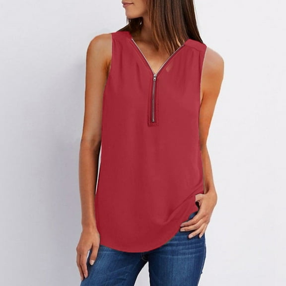 Lolmot Business Casual Clothes for Women Plus Size Tank Tops Summer Solid Color Zip Front V Neck Sleeveless Shirts Loose Fit Tunic Tops on Clearance