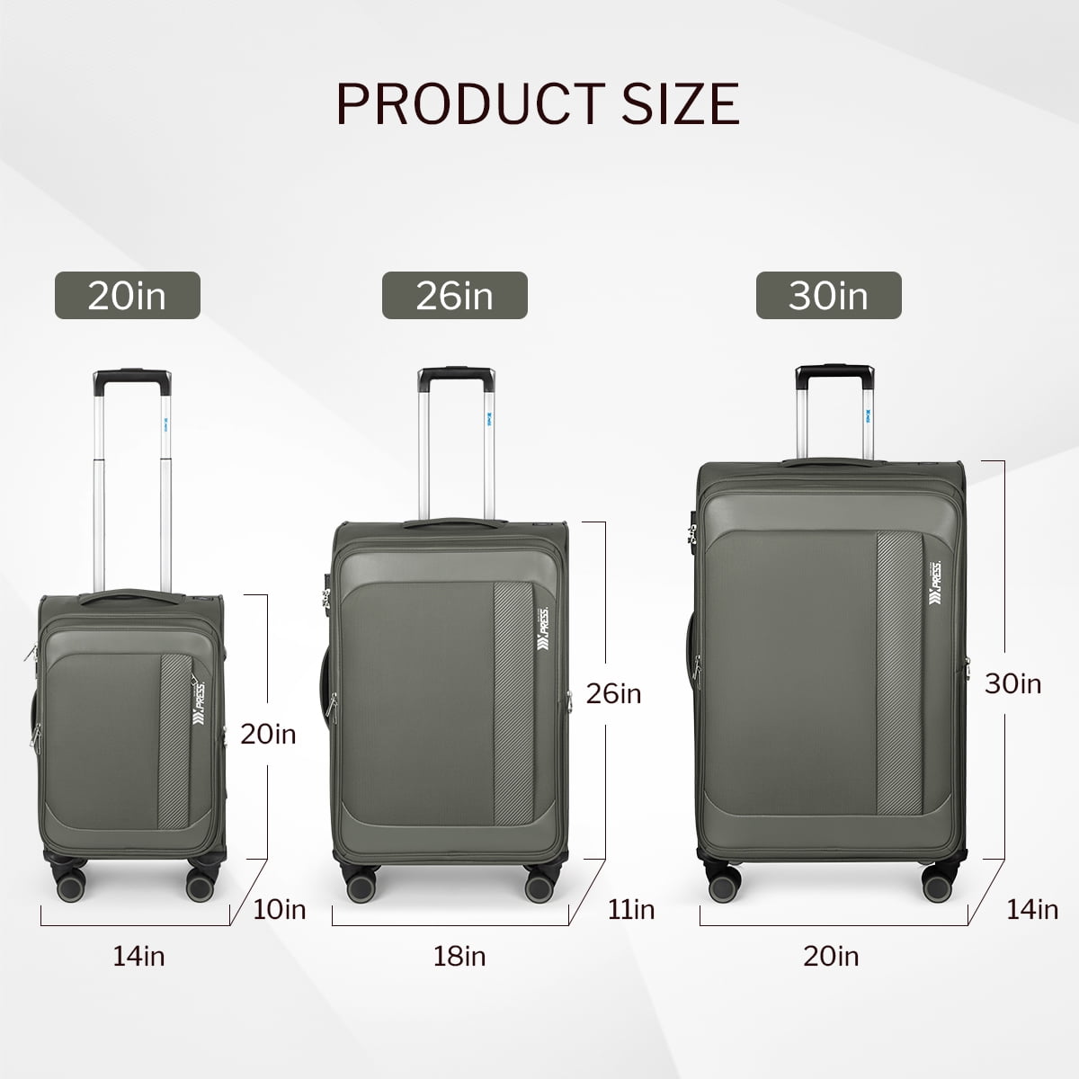 3-Piece Softside Luggage Set Expandable Suitcase with TSA Lock and Front Opening, 20"/26"/30", Grey - 8809