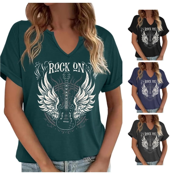 Trendfront Womens Rock Music Graphic T Shirts Notch V Neck Short Sleeve Guitar Wings Print Casual Concert Festival Tee Tops