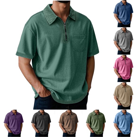 Sentmoon Summer Tops for Mens Oversized Relaxed Turndown Collar Short Sleeve Breathable Clothing Solid Color Tshirts Shirts for Men Fashion for Hiking & Camping XXL
