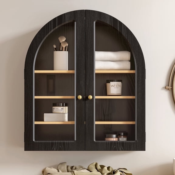 EYYTHUNG Modern Arched Wall Cabinet, Large Medicine Cupboard, Black Cabinet for Bathroom with Adjustable Shelf, Black Oak