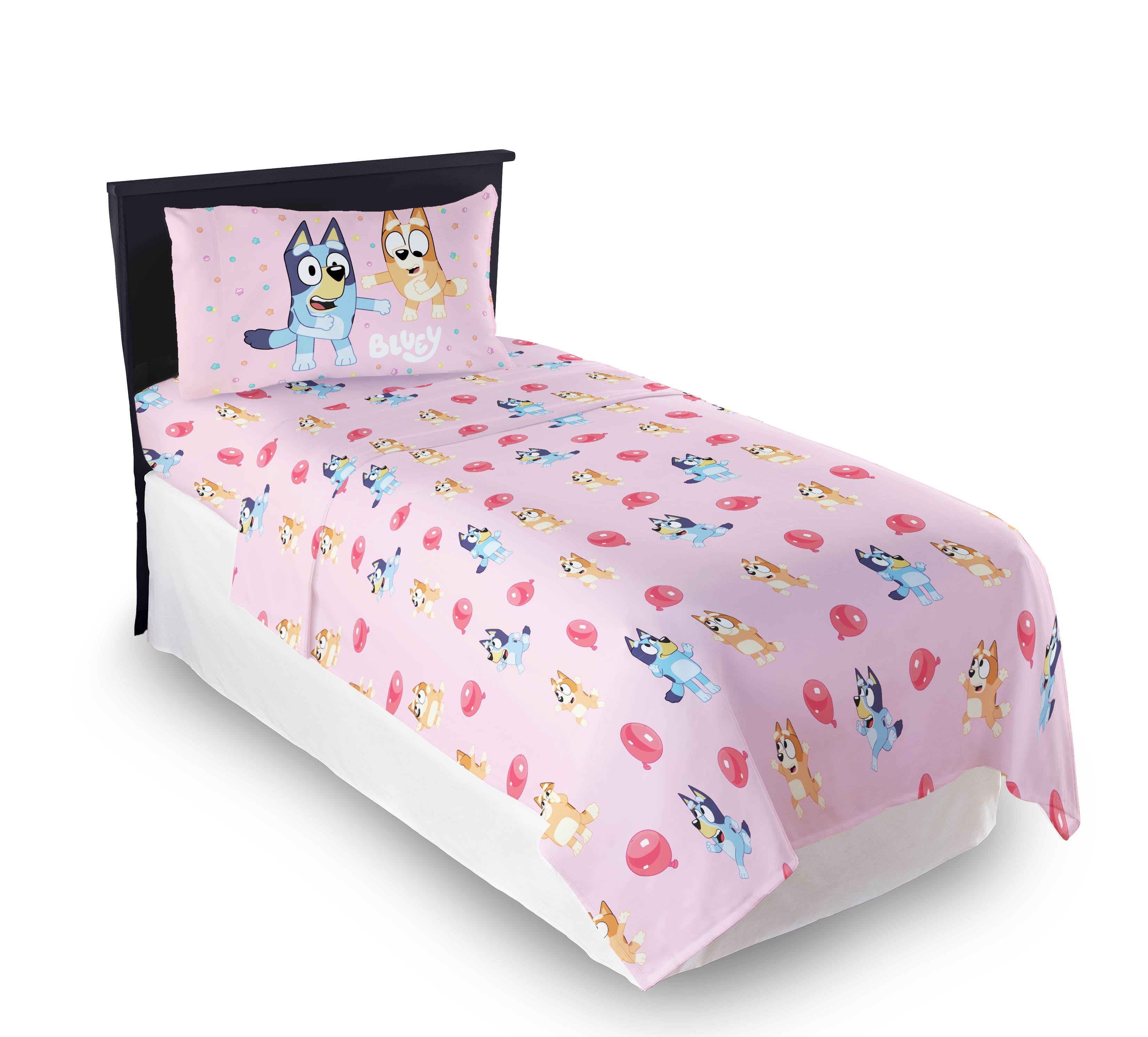 Bluey Balloon Party Kids 3 Piece Pink Bed Sheet Set, Twin