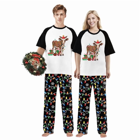 LuLiaMenton Matching Couples Christmas Pajamas Christmas Cow Short Sleeve Long Pants Set