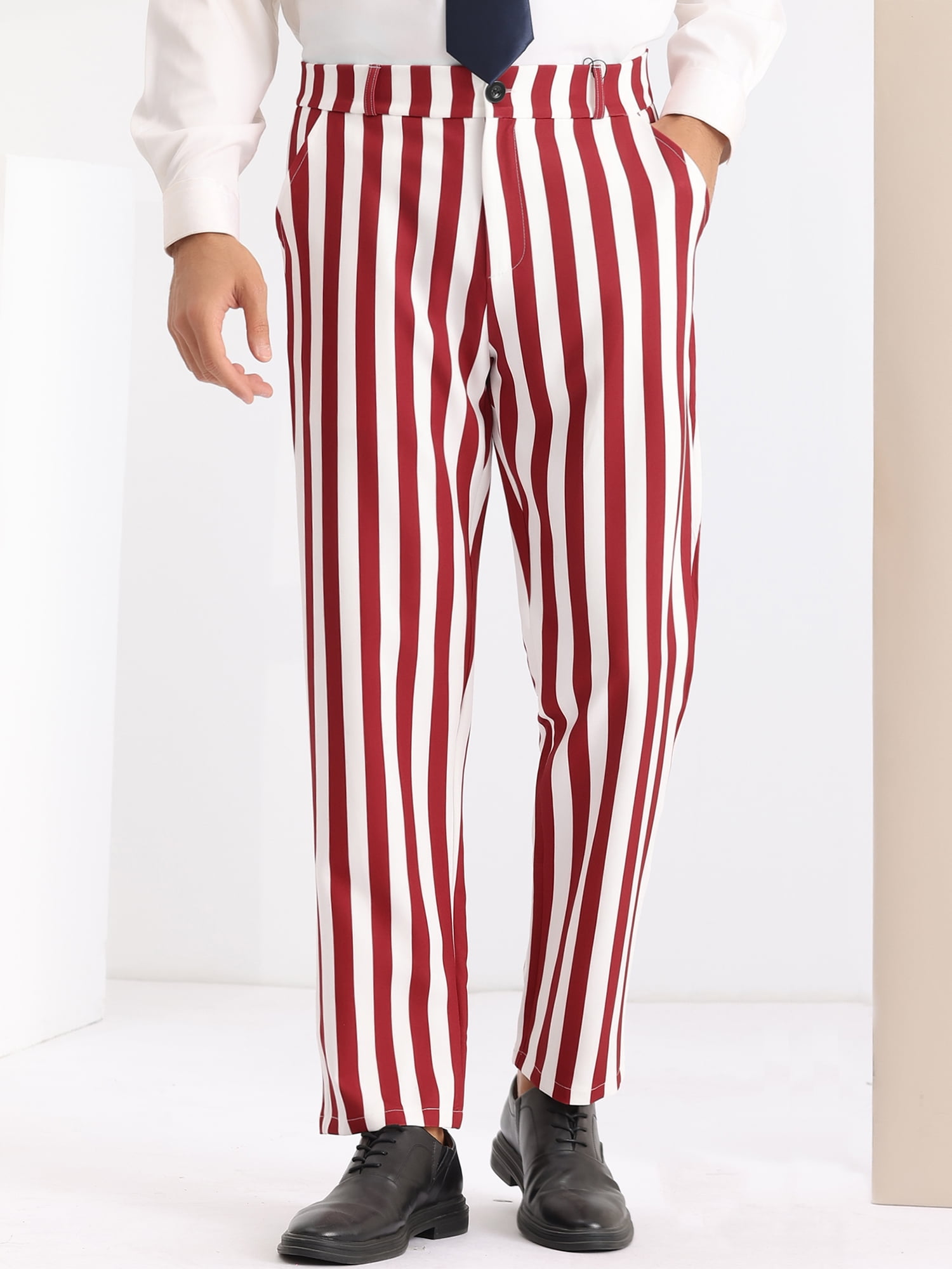 Unique Bargains Men's Striped Dress Pants Straight Leg Color Block Business  Trousers 36 Red White - Walmart.com
