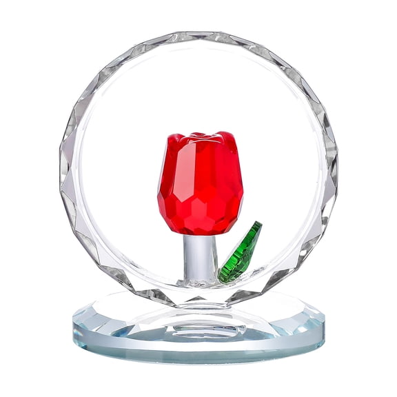 WYZCTTD Crystal Rose Figurine in Hoop, Sparkly Red Glass Flower Statue Table Centerpiece, Collectible Rose Ornament with 1 or 3 Green Leaves for Home Office Decor
