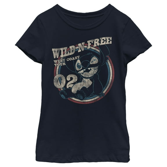 Girl's Lilo & Stitch Distressed Wild and Free Tour Graphic Tee Navy Blue X Large