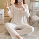 thumbnail image 4 of Pijama de primavera y otoño para mujer, cuello descubierto, manga larga, lazo, color sólido, dulce y lindo, traje para usar en casa, 4 of 6