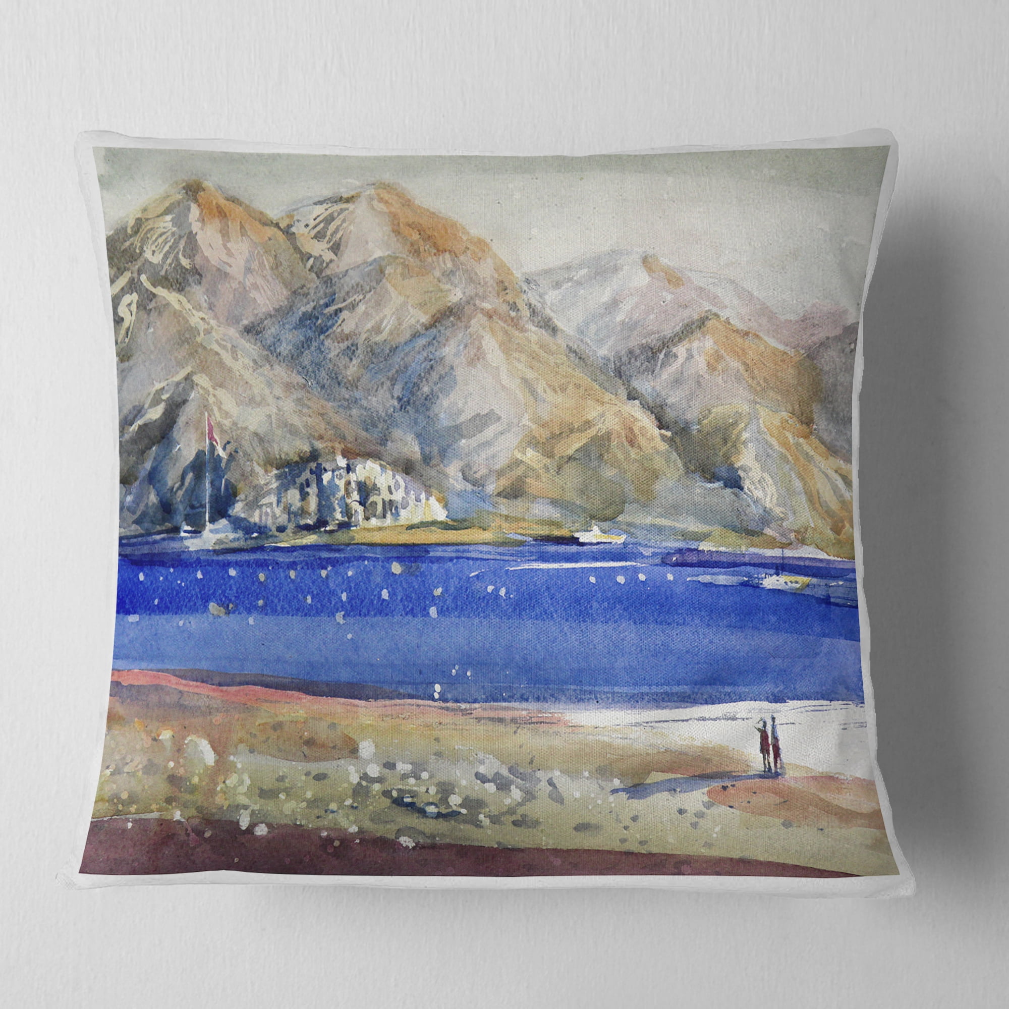 Designart Mountains and Blue Sea - Landscape Printed Throw Pillow - 16x16