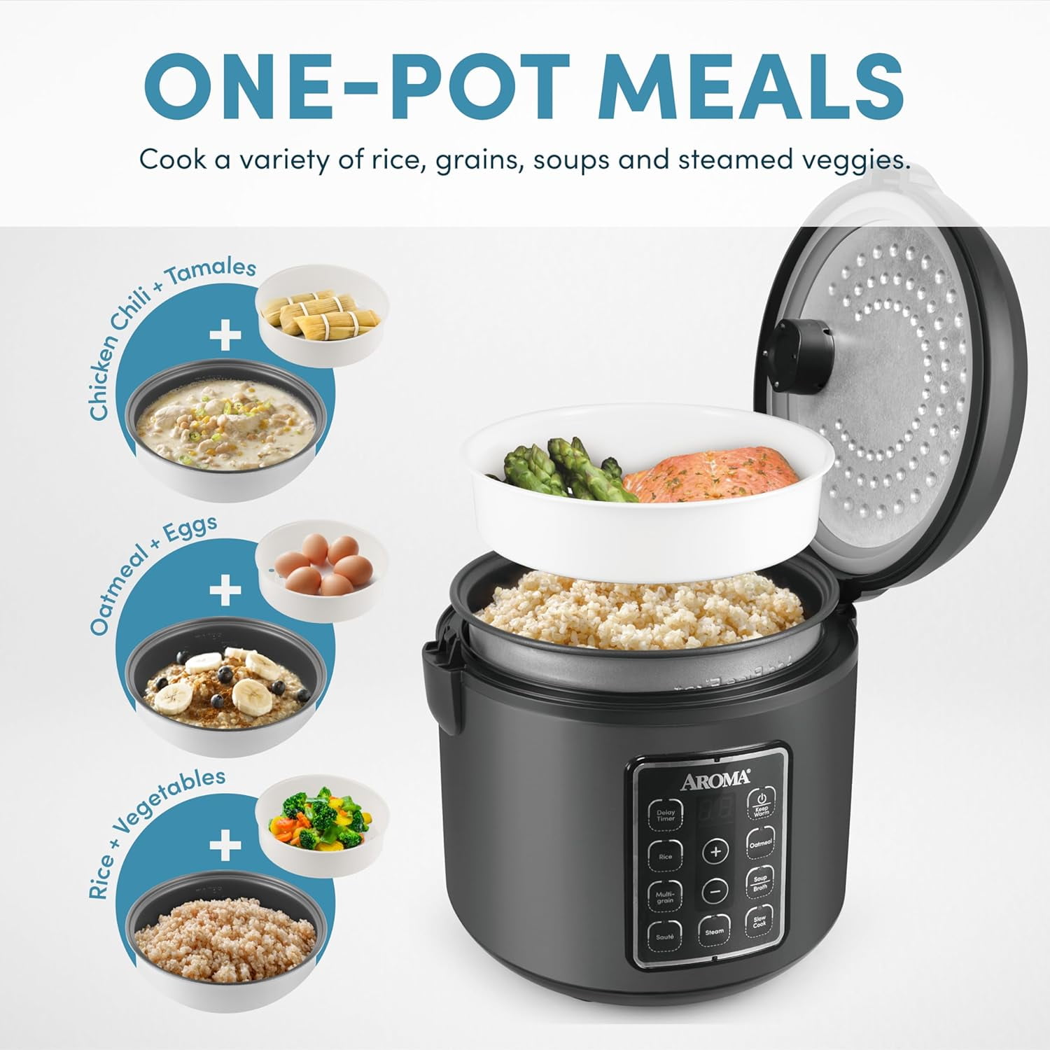 Digital Rice Cooker, Multicooker, 6-Cup Uncooked, Steamer, Slow Cooker, Oatmeal Cooker, Grain Cooker, Auto  Warm, 3 Qt, Black