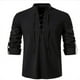 thumbnail image 1 of Camiseta con cuello en V para hombre, Top de manga larga fino Vintage, informal, transpirable, con cordones delanteros vikingos, a la moda, novedad, 1 of 5