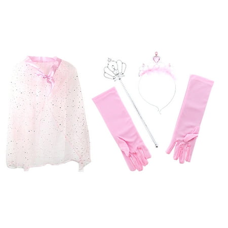 Mozlly Value Pack - Pink Princess Twinkle Star Costume Cape AND Pink Royal Princess Marabou Tiara Wand and Gloves Set - Pretend Play Dress Up - (2 Items)