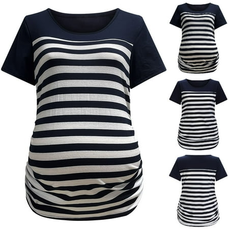 

Juebong Women s Casual Maternity Tops Short Sleeve Crewneck Colorblock Pregnancy T-Shirt Stripe Patchwork Maternity T-Shirt Round Neck Side Ruched Blouse Tops