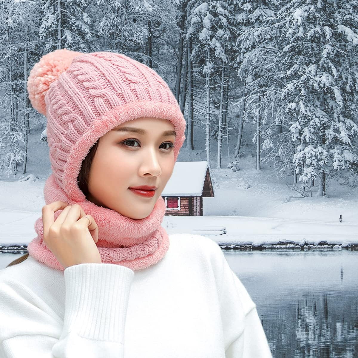 YooGuoGuo Women Winter Beanie Hats One Piece Fleece Lined Knit Balaclavas Mask Set Skull Neck Circle Scarf Ski Snow Hat Pompom