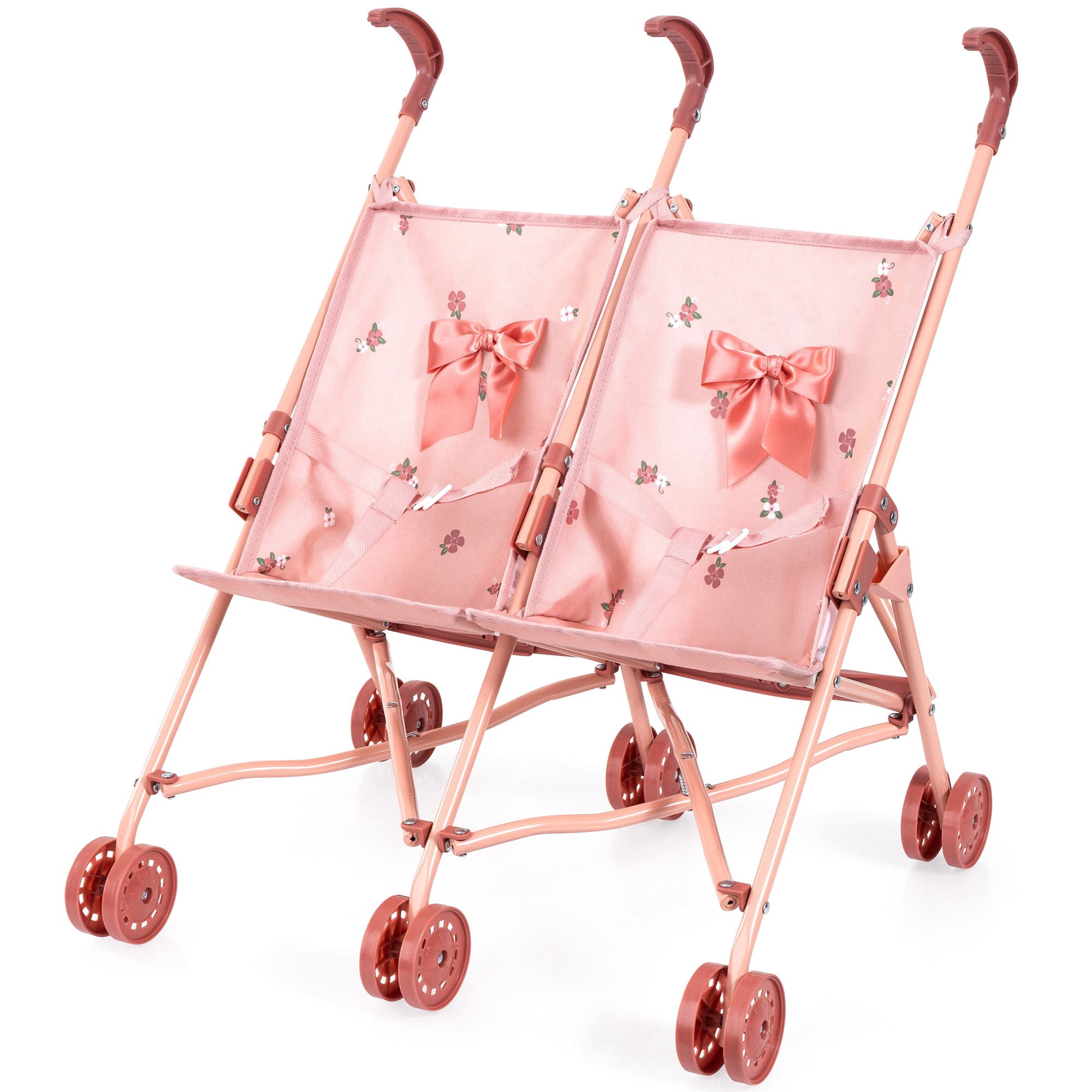Bayer Design: Doll Twin Buggy - Pink & Flowers - Umbrella Push Stroller, Foldable, Side-By-Side Seats, Roleplay Toy Fits 18" Dolls, Kid-Toddler 18mo+