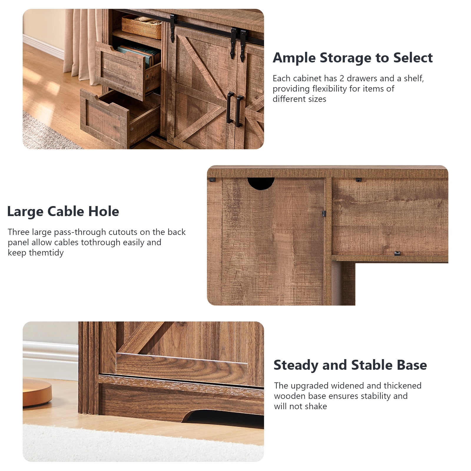 T4TREAM Farmhouse TV Stand for TVs up to 80", Entertainment Center with 30" Electric Fireplace and Sliding Barn Door&4 Drawers Storage Inside, Reclaimed Barnwood