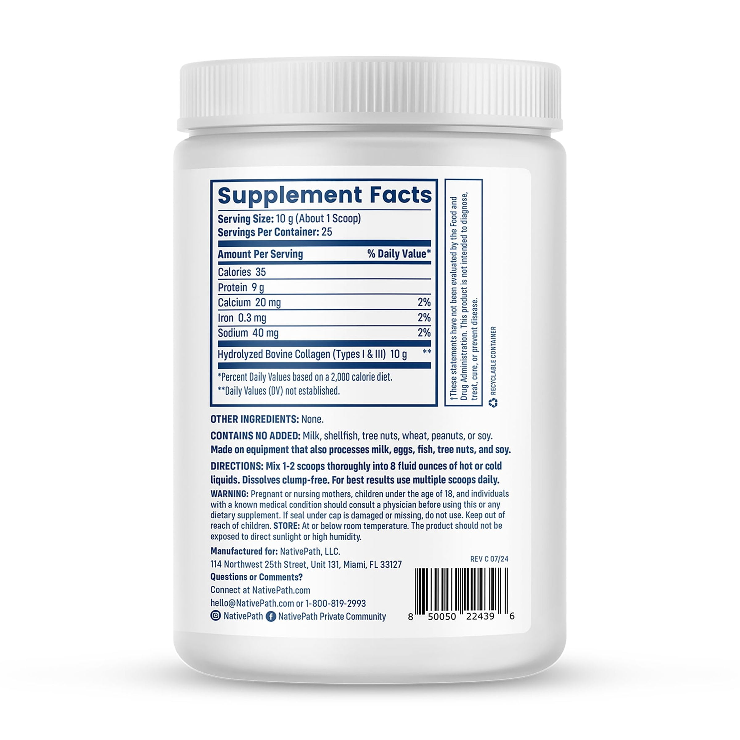 NativePath Collagen Peptides Powder, Grass-Fed Hydrolyzed Type 1 and 3, Unflavored, 25 Servings
