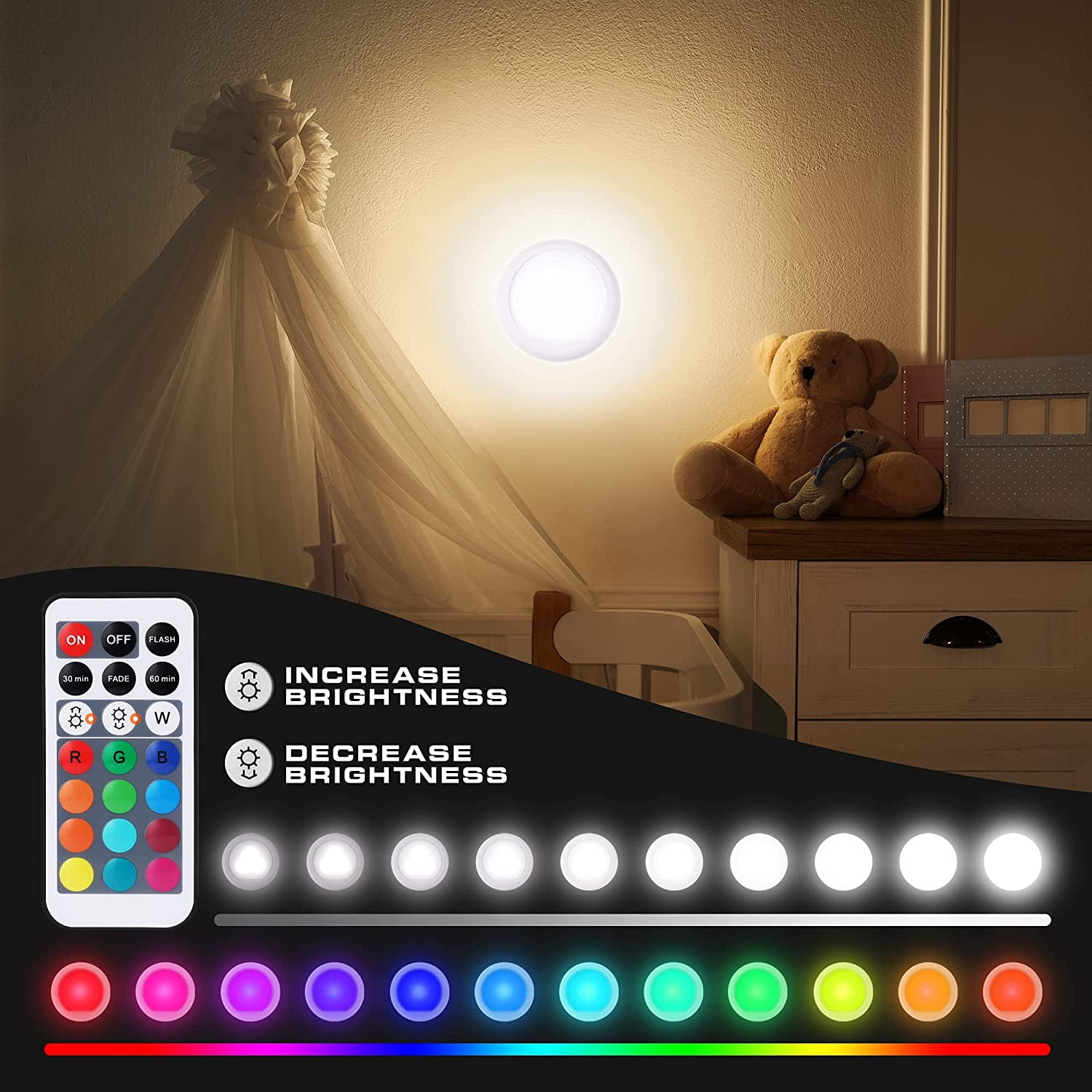 RGHJAR-Tap Light, Push Light, LED Puck Lights with 12 RGB Colors, Wireless Touch Light Under Cabinet, 80 Lumens Night Light for Closet, Bedroom, Wall, Classroom, 18 AAA Batteries Included, 6-Pack