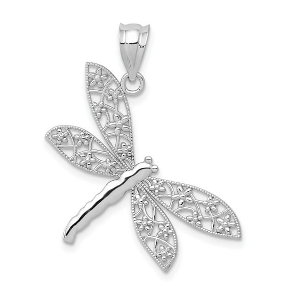 14K White Gold Charm Pendant 24 mm 26 Diamond-Cut DragoNFLy