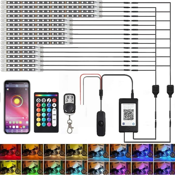 16PCS Motorcycle LED Underglow Kit, APP Control Motorcycle LED Light Kits, Motorcycle RGB LED Strip Lights with Music Sync & Multiple Scene Modes, 12V Waterproof Motorcycle Underglow Lights