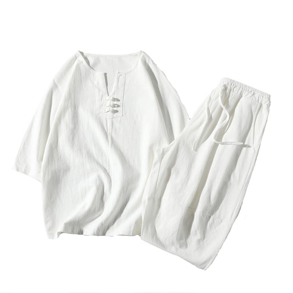 Men's Linen Outfits Sets Two-Piece 3/4 Length Sleeved V-Neck Blouses Solid Color Loose Pants Summer Cotton Linen Breathable Shirts Sets
