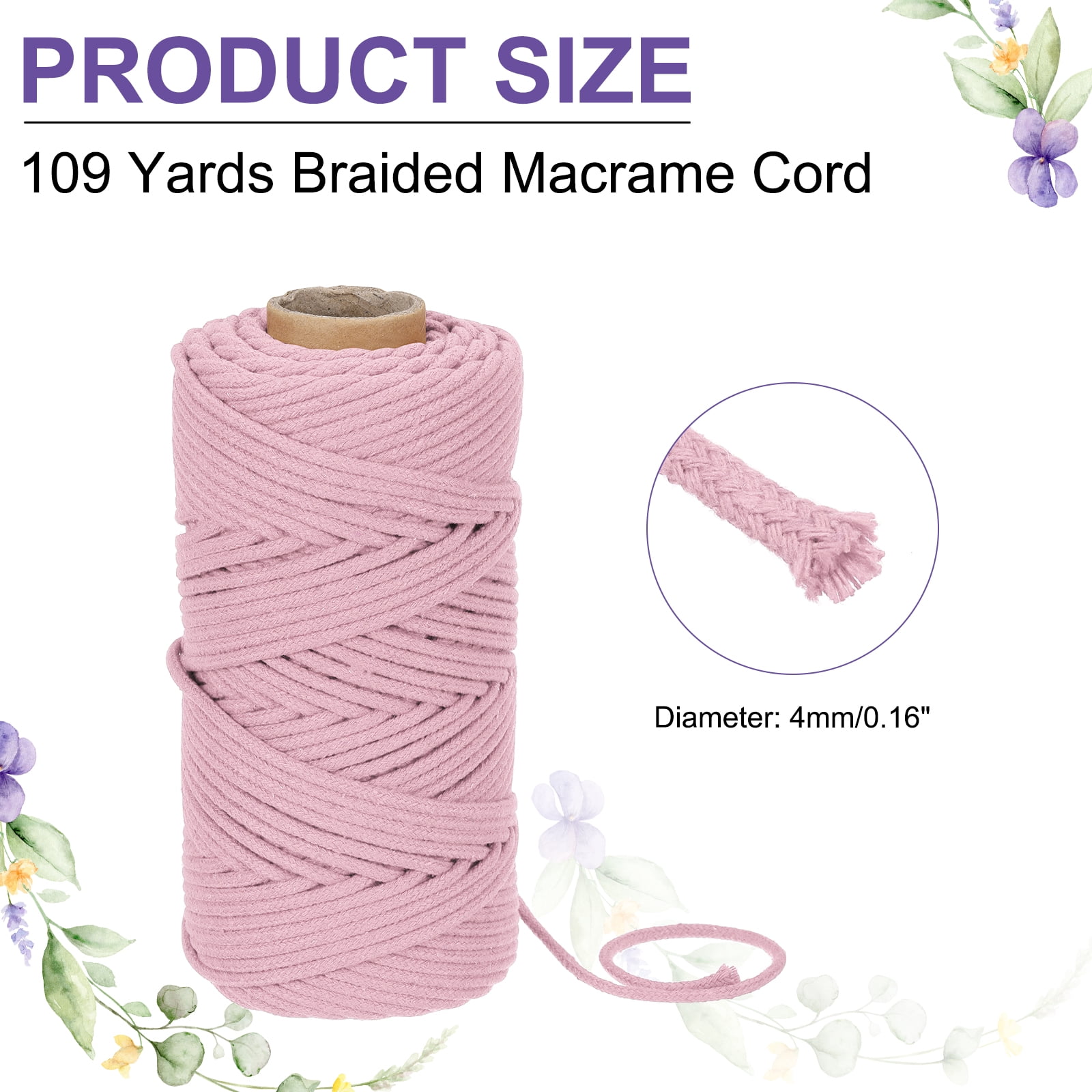 Braided Macrame Cord, 4mm x 109 Yards Natural Cotton Rope Macrame Yarn Bohemia Craft String with Scissors(Light Purple)