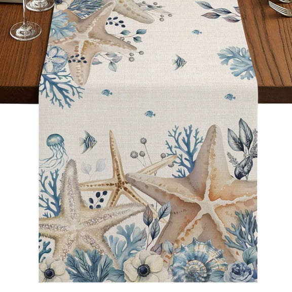 Table Runners 70 Inches Long Dress Scarves, Blue Beige Coastal Farmhouse Coffee/Dining/Kitchen Table Decor, Holiday Table Runner, Beach Starfish Summer Eucalyptus Rustic 13x70 Inch