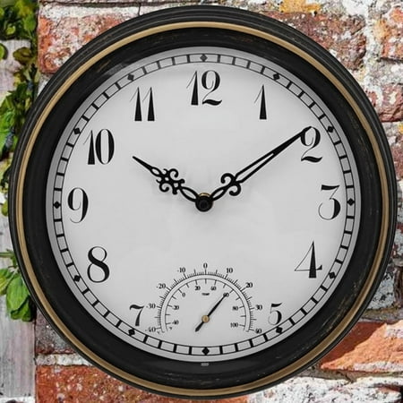 Outdoor Waterproof Wall Clock with Thermometer IP44 Vintage Round Garden Decor Clock 12 Inch Outdoor Clock