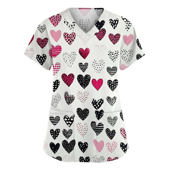 Women's Valentine's Day Scrubs Top Love Heart Printed Plus Size Scrubs Short Sleeve V-Neck Working Uniform Valentine's Day Cartoon Pattern Scrub Tops with Pockets