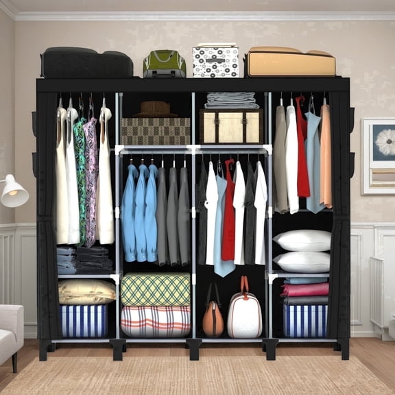 Pshun Righ Clothes Organizer 4 Hanging Rod Shelf Portable Closet with Cover Clothes Rack Standing Closet Clothes Storage Wardrobe Garment Cabinet