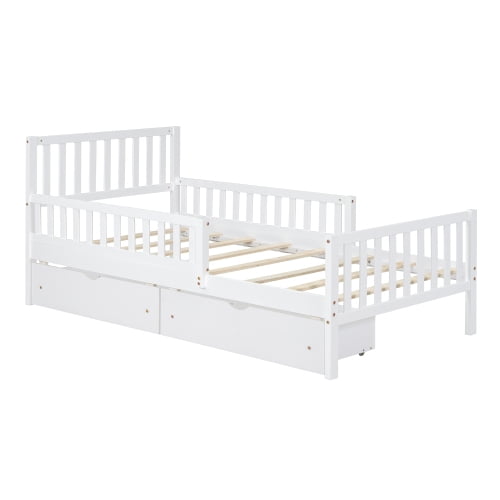 Euroco Wood Twin Size Platform Bed with Guardrails and Drawers for Kids Teens Toddlers, White