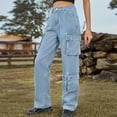 thumbnail image 2 of Lenpel Cargo Jeans for Women Straight Wide Leg Elastic High Waisted Denim Pants Baggy Multiple Pockets Fashion Jeans, 2 of 5
