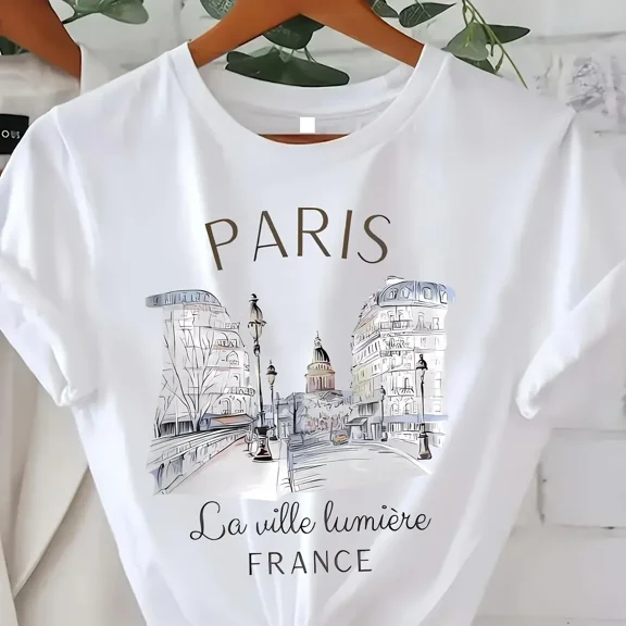 SHESIINN Y2k T Shirt Paris Women Print T-shirt Girl Short Sleeve Crew Neck Casual Top for Summer Spring Women's Clothing