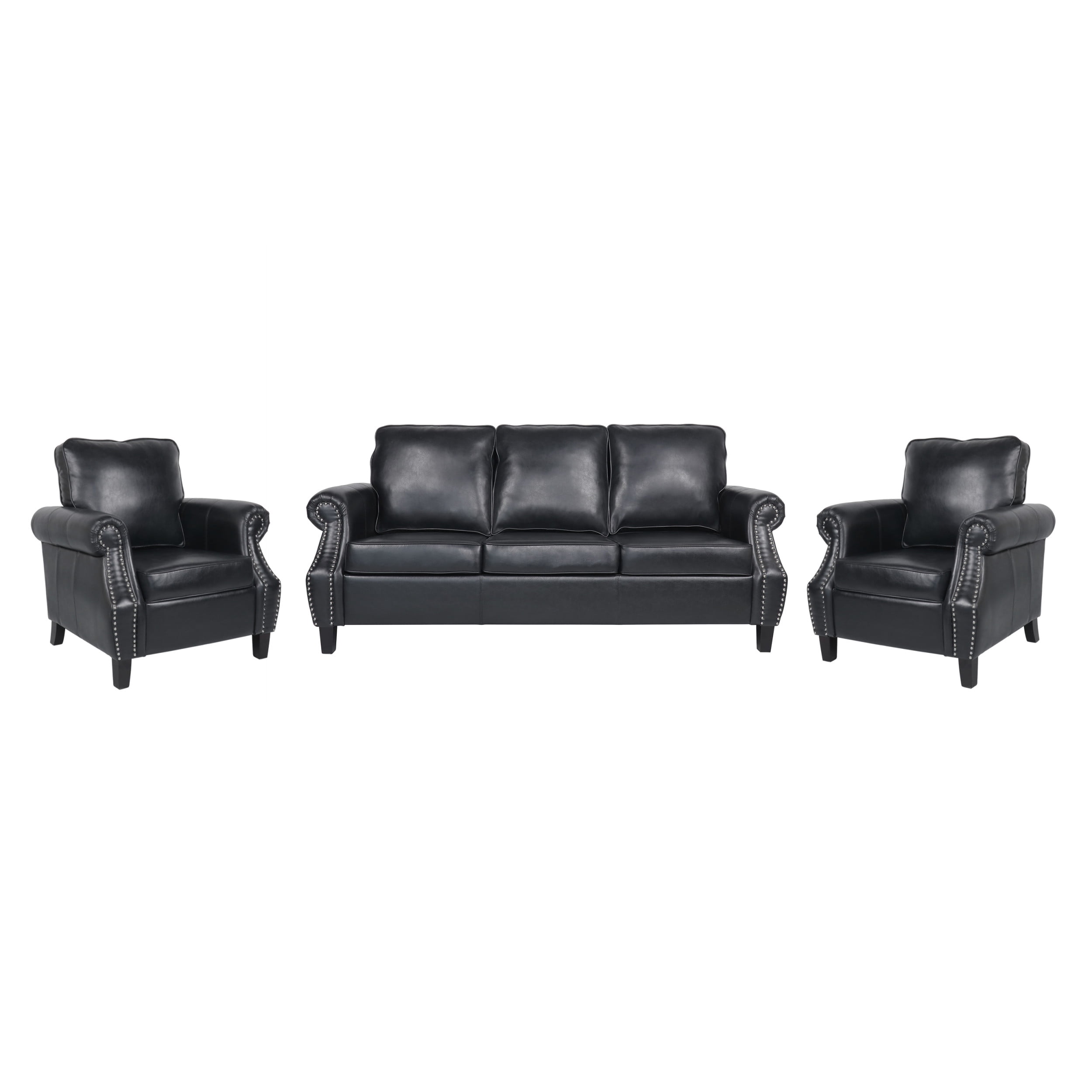 Noble House Amedou Faux Leather 3 Piece Club Chair and Sofa Set, Midnight Black and Dark Brown