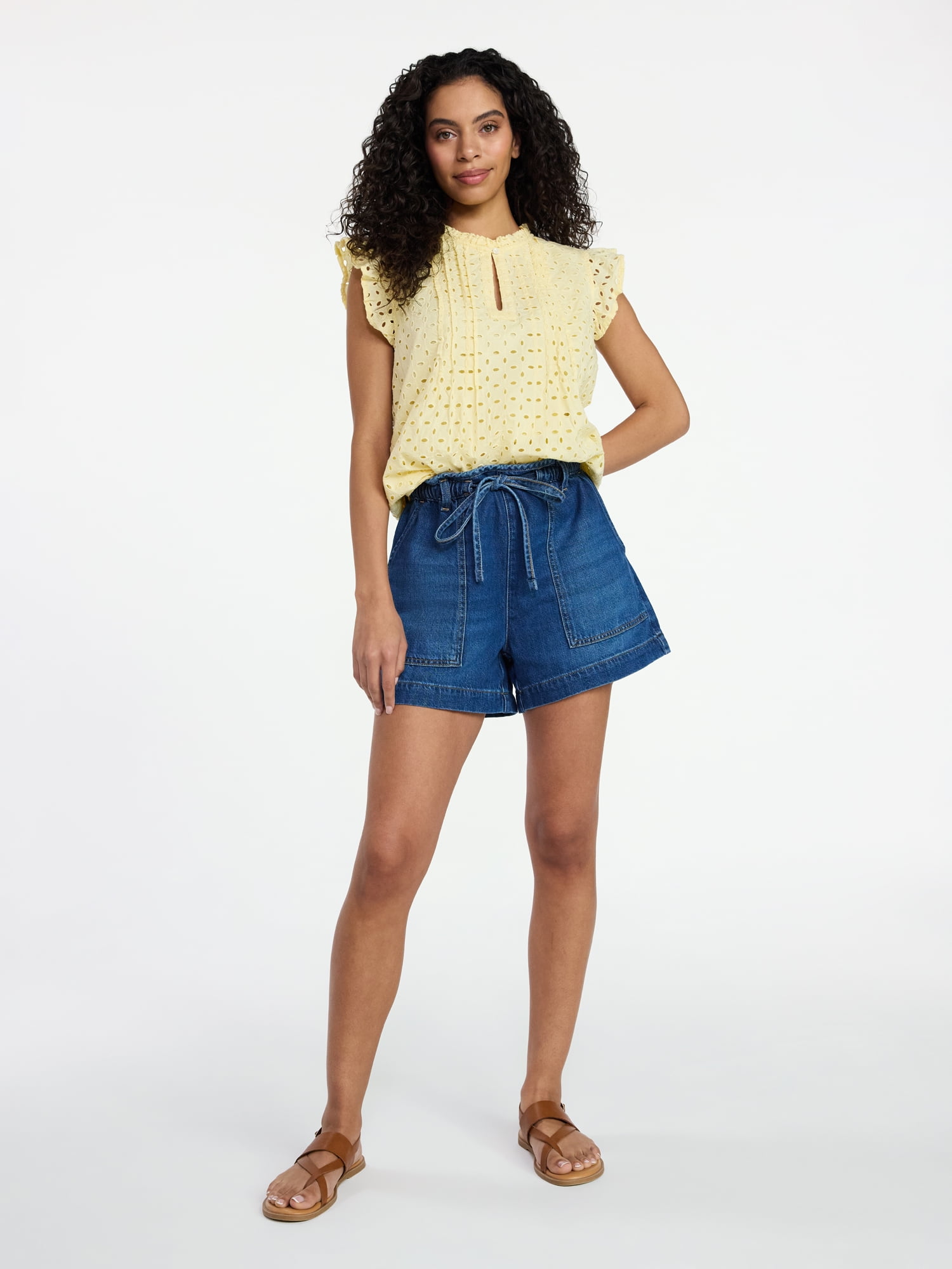 Time and Tru Women's Cotton Eyelet Top with Short Flutter Sleeves, Sizes XS-XXXL