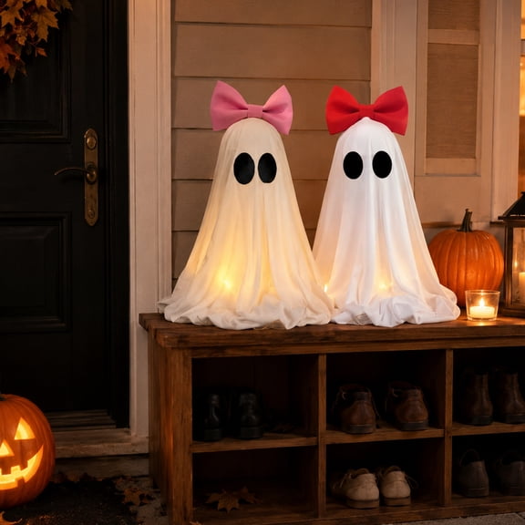 Indoor Halloween Decor Lighted Standing Ghost with Bow, Light Up Ghost with Bow – Warm Glow Tabletop Ghost for Courtyard Home Holiday Display