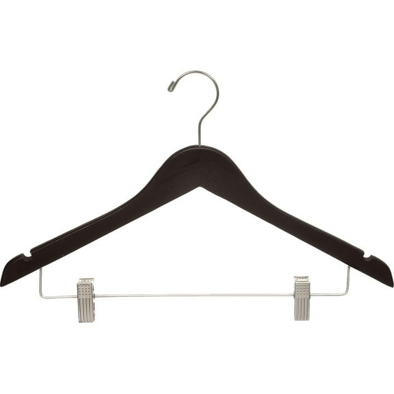 Wood Combo Hanger w/ Cushion Clips, Box of 25, 17 Inch Flat Wooden Hangers w/ Espresso Finish & Brushed Chrome Hardware & Notches for Shirt Jacket or Dress