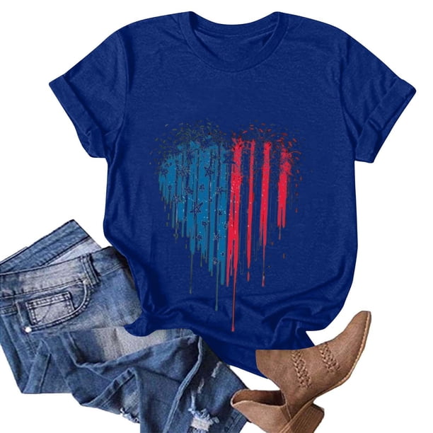 Tops Cortos para las Mujeres Día de la Independencia Impreso Cuello de la Tripulación Tee, Casual Y Elegante Cuello Redondo Tops para las Mujeres