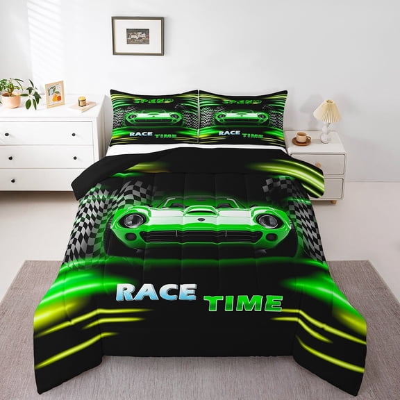 Erosebridal Sport Car Bedding Twin Comforter Set,Buffalo Plaid Down Comforter,Extreme Sport Bedding Sets Twin with Comforter,Microfiber Car Room Decorative,Reversible,3pcs