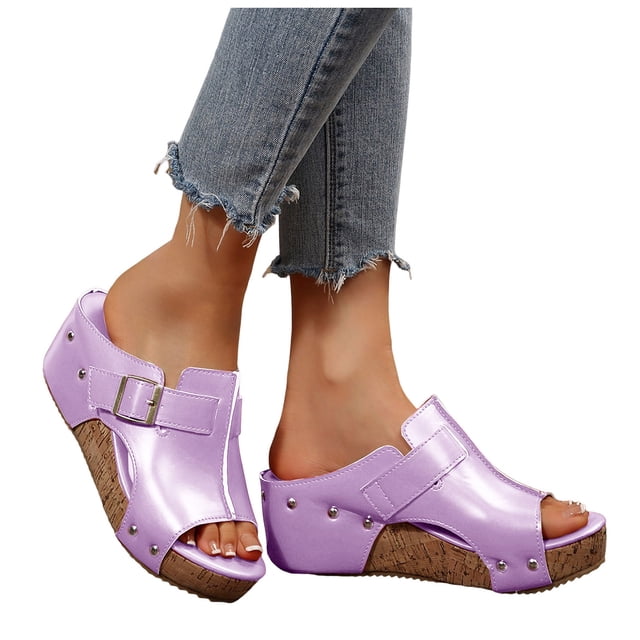 Backless Cork Footbed Sandals for Women Slip On Leather Open Toe Clogs Lightweight Non Slip Walking Slides Purple Size 7